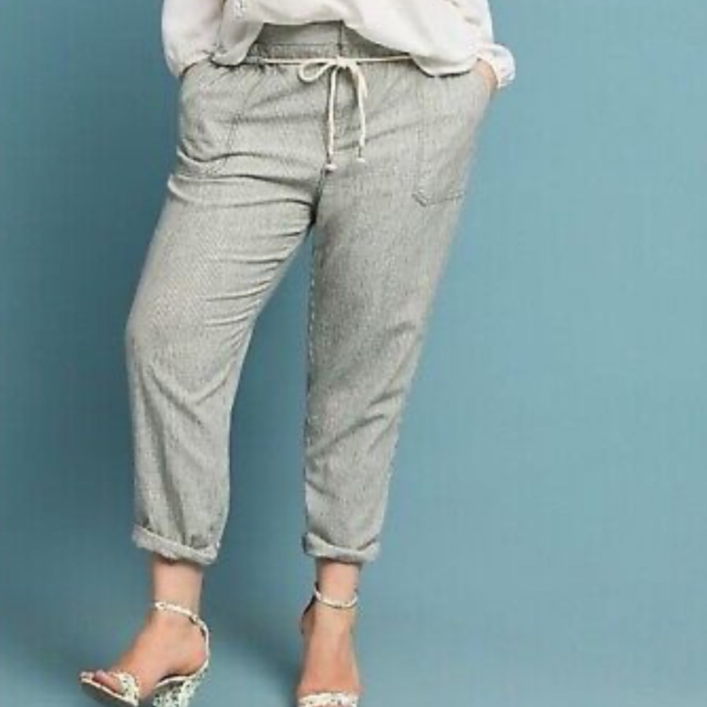 Anthropologie Seashore Green Striped Linen Blend Relaxed Pants Size Small